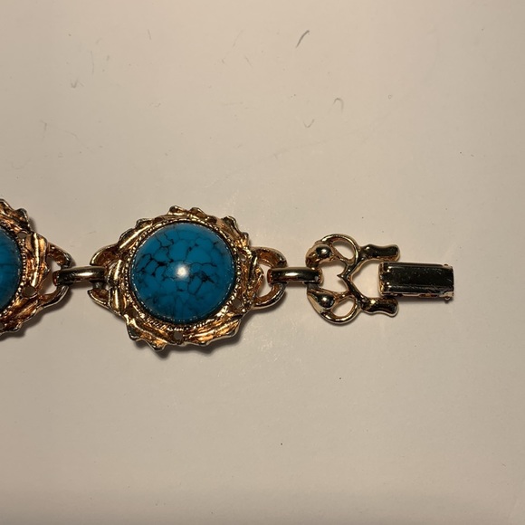 Faux Turquoise Link Bracelet Gold Tone Fold Over Clasp 7โ Bronze/Gold Tone VTG - Picture 12 of 13